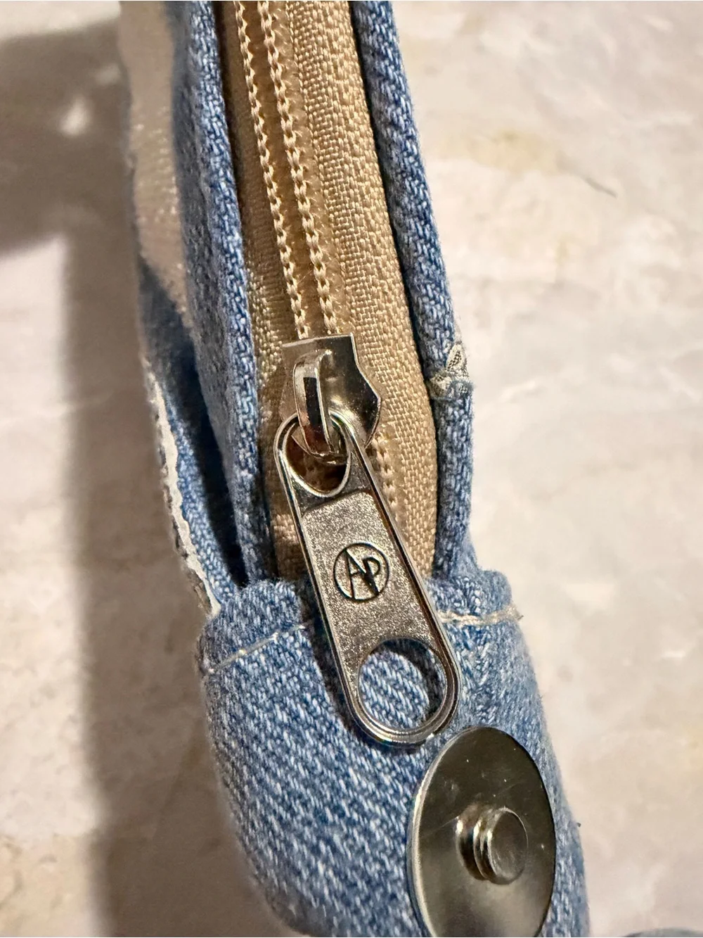 Denim Patchwork Wristlet Clutch with Metallic Accents